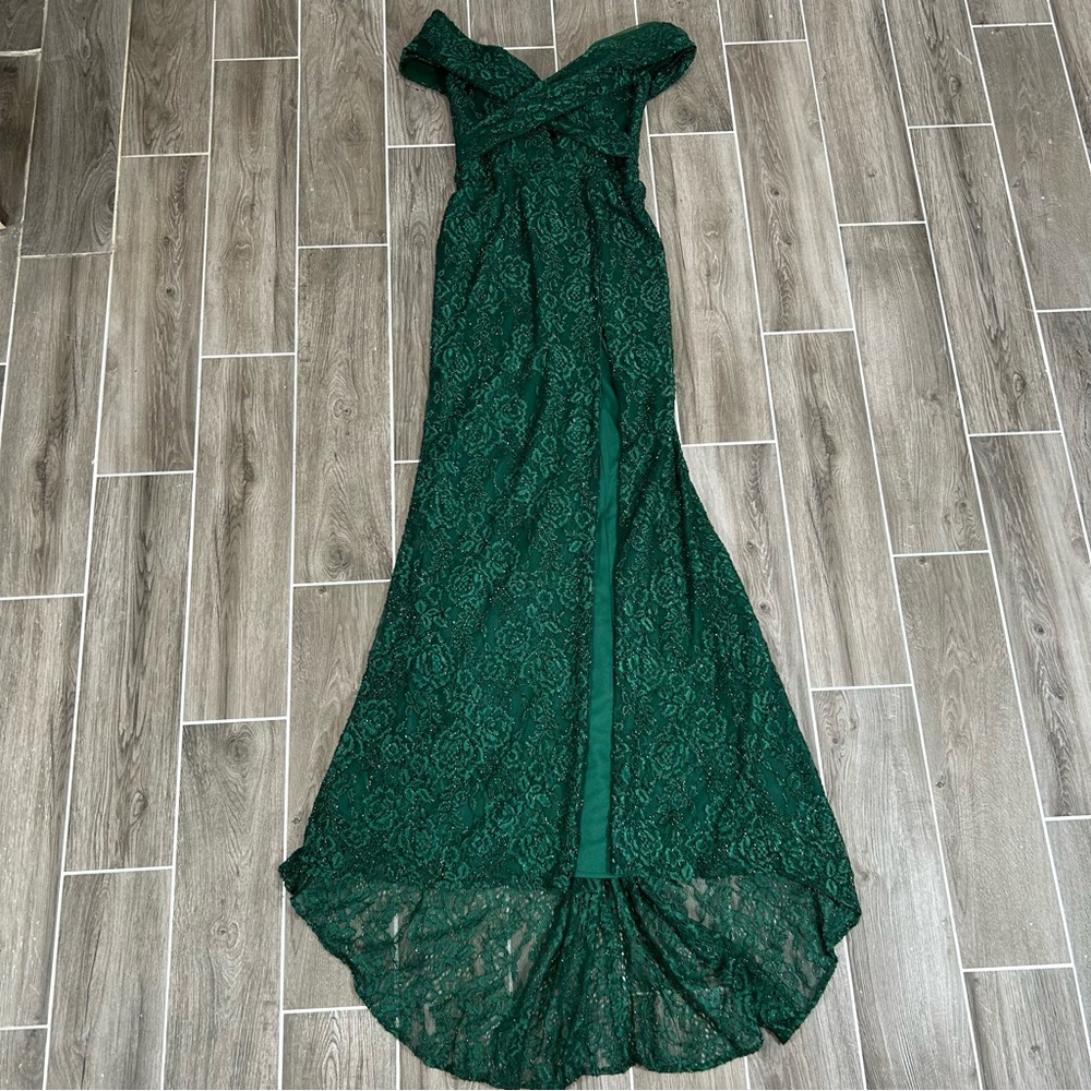 Tarik Ediz 51061 Maxi Dress Size 6 Lace Floral Glitter Emerald Off Shoulder New